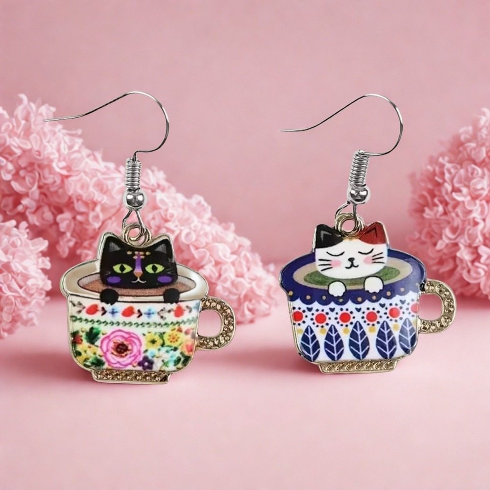 New Teacup Cat Earrings Dangle Kitty Coffee Cup Whimsical Kitsch Gift Jewelry